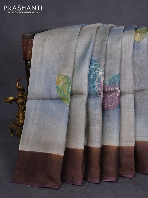 Pure tussar silk saree grey and deep jamun shade with allover hand painted prints and zari woven border