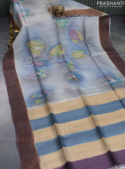 Pure tussar silk saree grey and deep jamun shade with allover hand painted prints and zari woven border