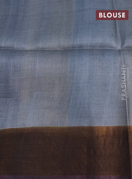 Pure tussar silk saree grey and deep jamun shade with allover hand painted prints and zari woven border