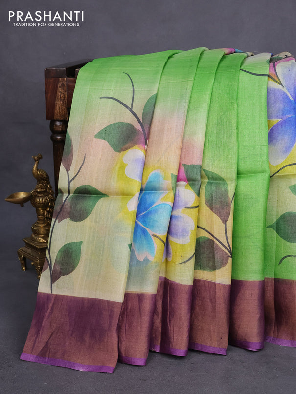 Pure tussar silk saree green and purple with allover floral hand painted prints and zari woven border