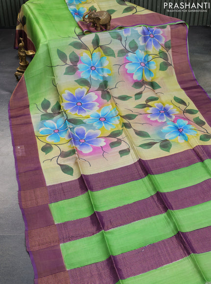 Pure tussar silk saree green and purple with allover floral hand painted prints and zari woven border