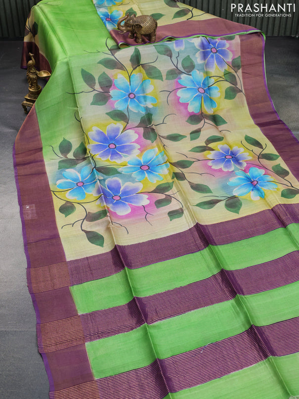 Pure tussar silk saree green and purple with allover floral hand painted prints and zari woven border