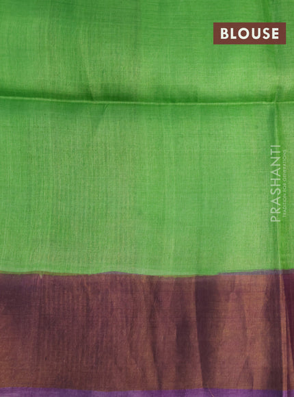 Pure tussar silk saree green and purple with allover floral hand painted prints and zari woven border