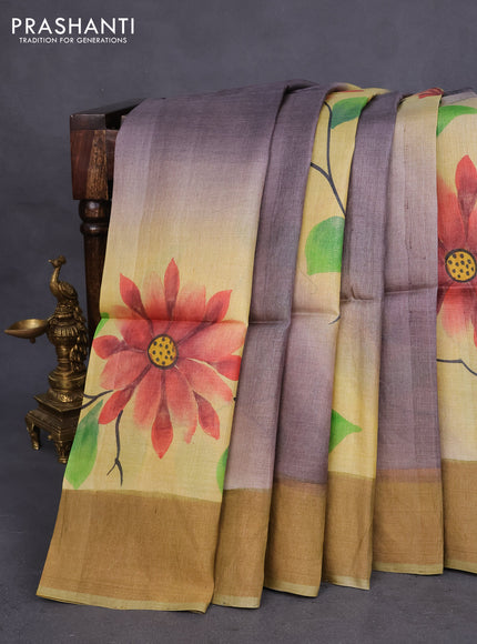 Pure tussar silk saree grey shade and mustard shade with allover floral hand painted prints and zari woven border