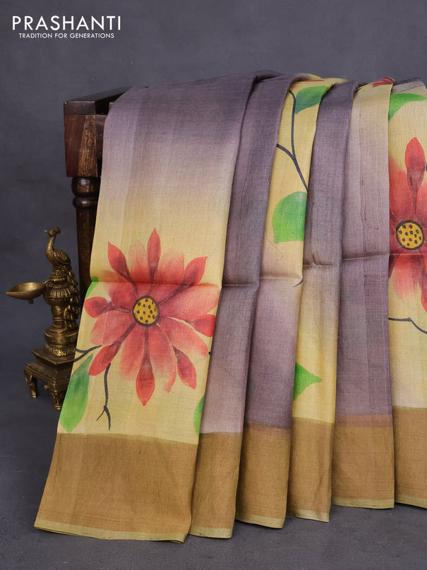 Pure tussar silk saree grey shade and mustard shade with allover floral hand painted prints and zari woven border