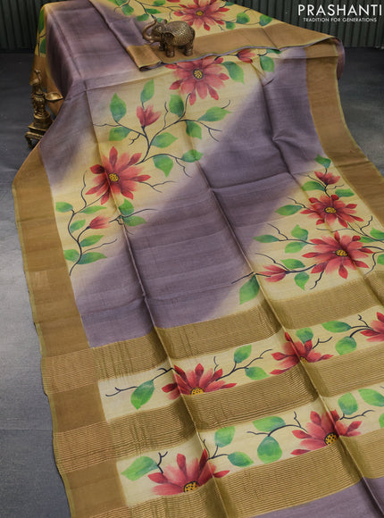 Pure tussar silk saree grey shade and mustard shade with allover floral hand painted prints and zari woven border