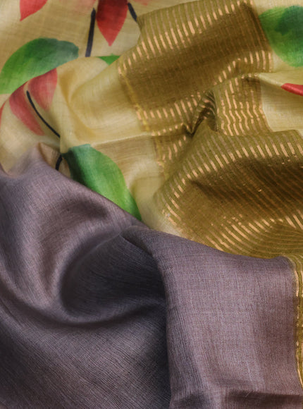 Pure tussar silk saree grey shade and mustard shade with allover floral hand painted prints and zari woven border