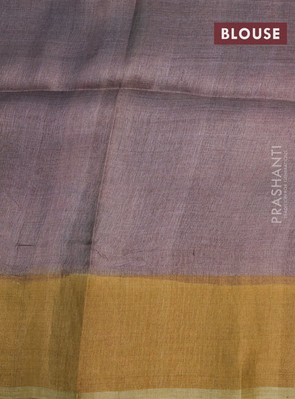 Pure tussar silk saree grey shade and mustard shade with allover floral hand painted prints and zari woven border