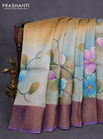 Pure tussar silk saree greyish blue and violet with allover floral hand painted prints and zari woven border