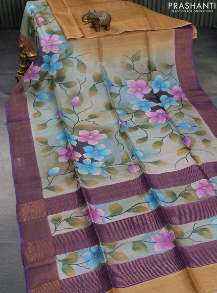 Pure tussar silk saree greyish blue and violet with allover floral hand painted prints and zari woven border