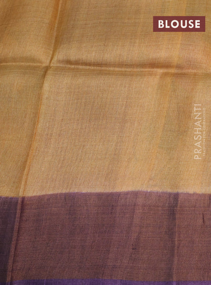 Pure tussar silk saree greyish blue and violet with allover floral hand painted prints and zari woven border