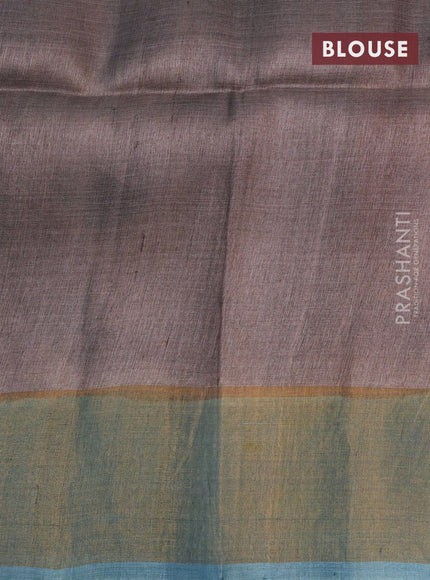 Pure tussar silk saree multi colour and pastel blue with allover floral hand painted prints and zari woven border