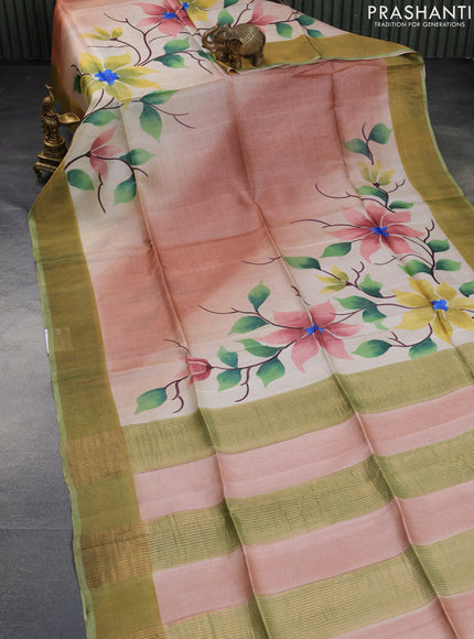 Pure tussar silk saree pastel peach shade and pastel green with allover floral hand painted prints and zari woven border