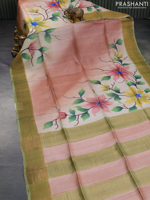 Pure tussar silk saree pastel peach shade and pastel green with allover floral hand painted prints and zari woven border