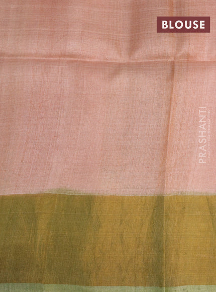 Pure tussar silk saree pastel peach shade and pastel green with allover floral hand painted prints and zari woven border