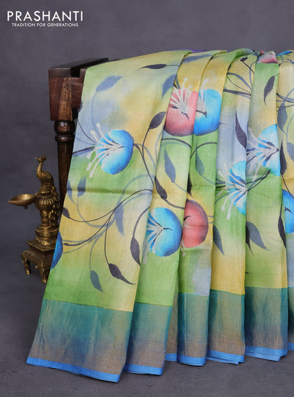 Pure tussar silk saree green mustard and blue with allover floral hand painted prints and zari woven border