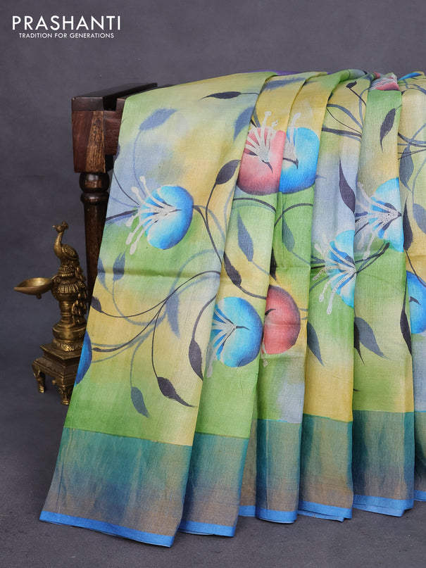 Pure tussar silk saree green mustard and blue with allover floral hand painted prints and zari woven border