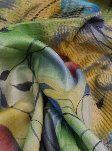 Pure tussar silk saree green mustard and blue with allover floral hand painted prints and zari woven border