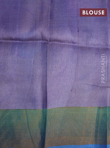 Pure tussar silk saree green mustard and blue with allover floral hand painted prints and zari woven border