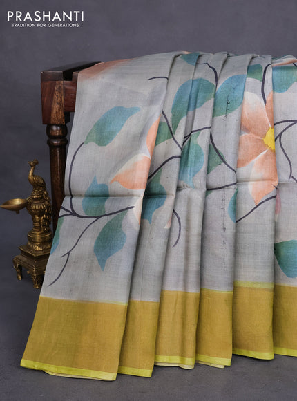 Pure tussar silk saree grey and lime green with allover floral hand painted prints and zari woven border