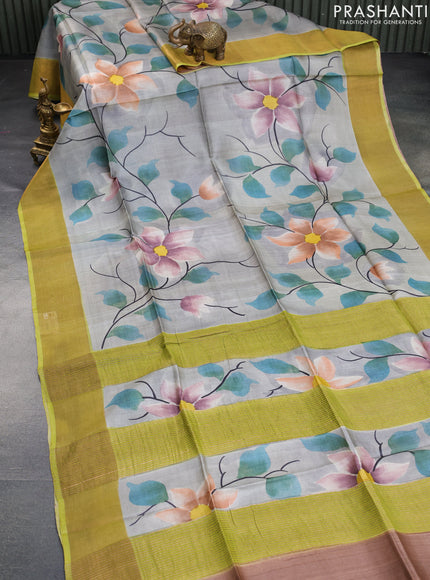 Pure tussar silk saree grey and lime green with allover floral hand painted prints and zari woven border