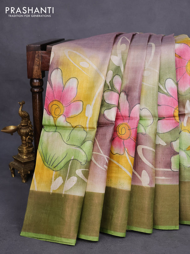 Pure tussar silk saree multi colour and green with allover floral hand painted prints and zari woven border