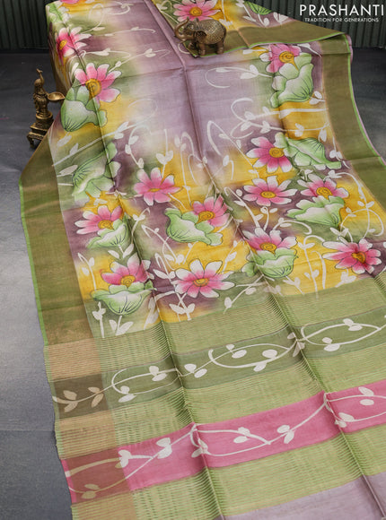 Pure tussar silk saree multi colour and green with allover floral hand painted prints and zari woven border