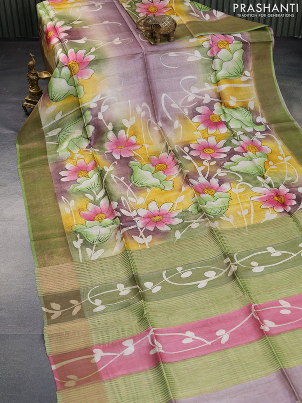 Pure tussar silk saree multi colour and green with allover floral hand painted prints and zari woven border