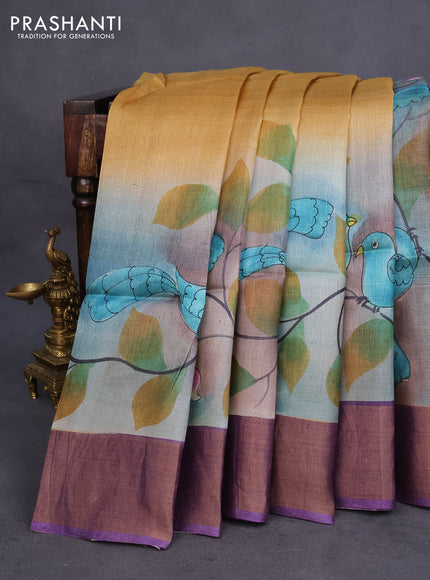 Pure tussar silk saree multi colour and purple with allover hand painted prints and zari woven border