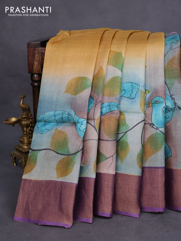 Pure tussar silk saree multi colour and purple with allover hand painted prints and zari woven border