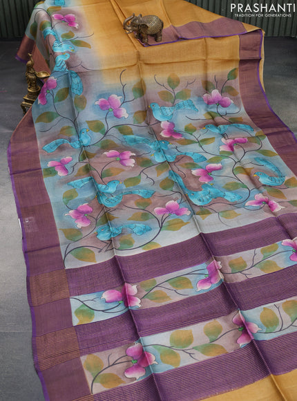 Pure tussar silk saree multi colour and purple with allover hand painted prints and zari woven border