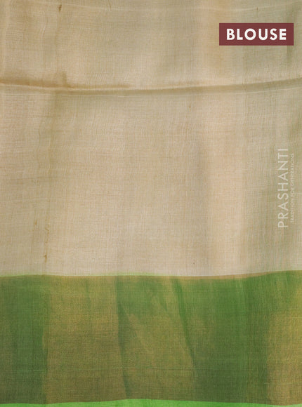 Pure tussar silk saree sandal and green with allover floral hand painted prints and zari woven border