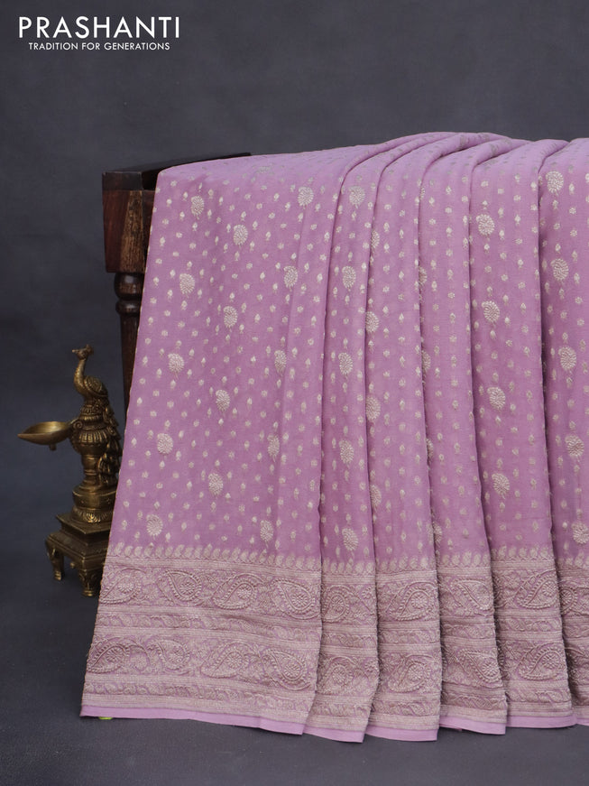 Banarasi georgette saree pastel lavender with allover thread & zari weaves and woven border