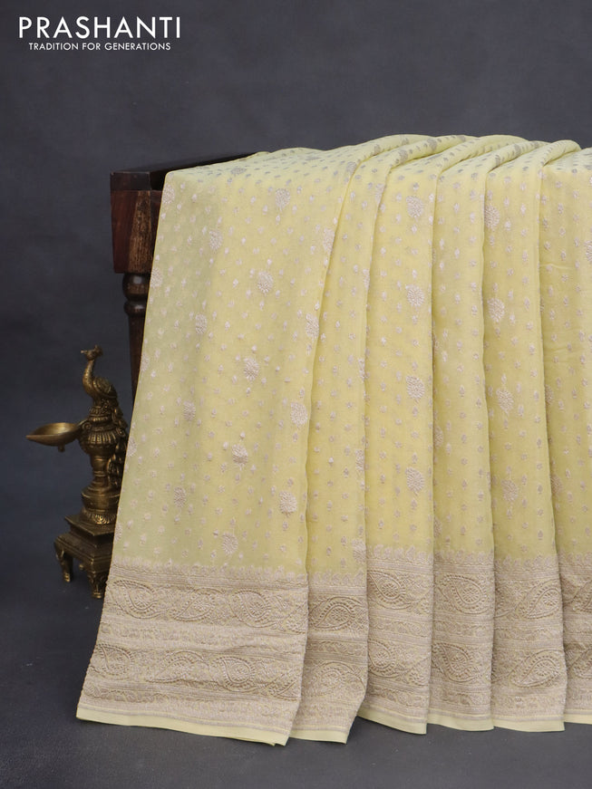 Banarasi georgette saree lime yellow with allover thread & zari weaves and woven border