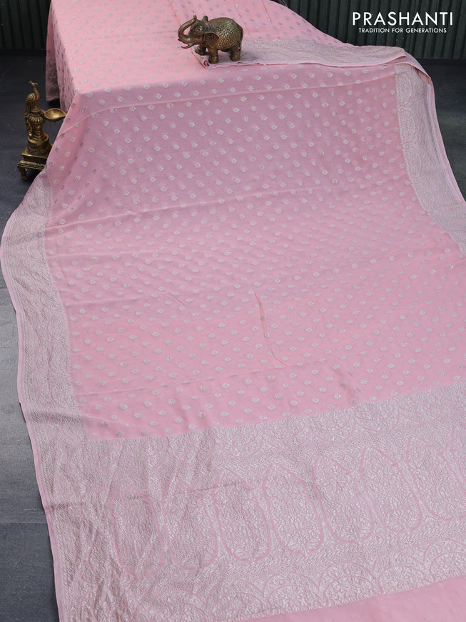 Banarasi georgette saree peach pink with allover thread & zari weaves and woven border