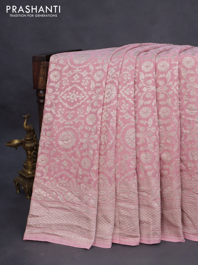 Banarasi georgette saree pastel pink with allover thread & zari weaves and woven border