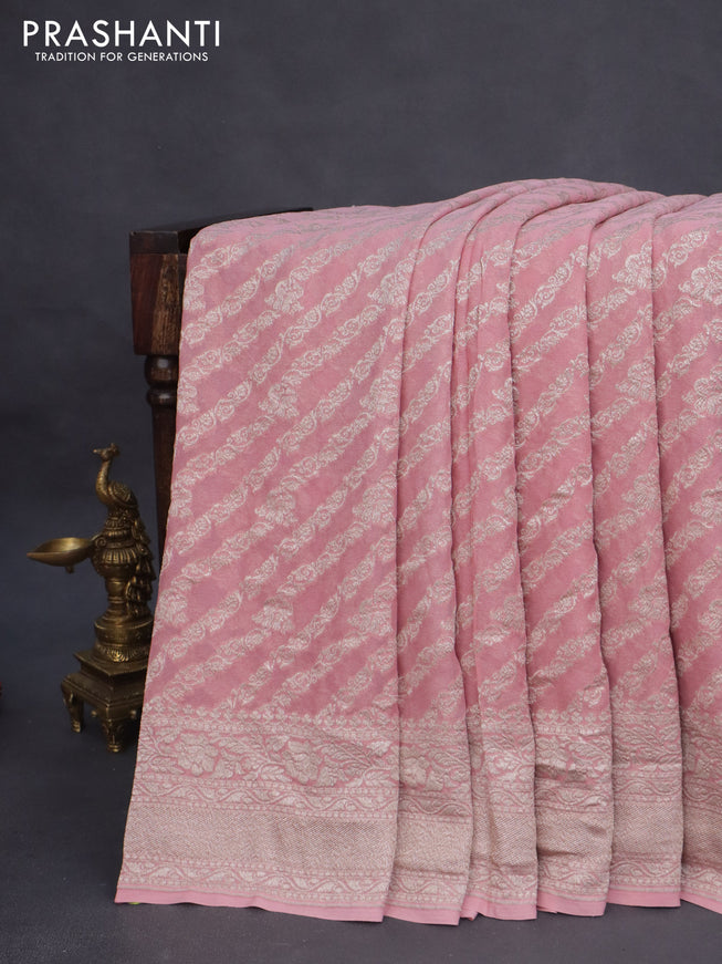 Banarasi georgette saree pastel pink with allover thread & zari weaves and woven border