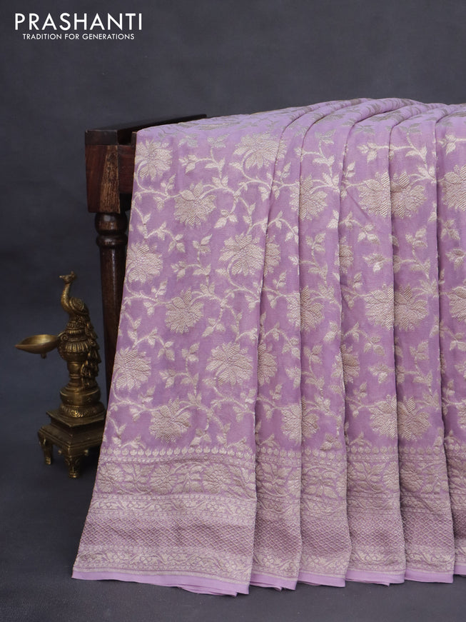 Banarasi georgette saree pastel lavender with allover thread & zari weaves and woven border