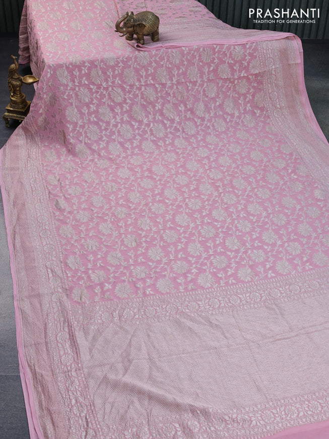 Banarasi georgette saree pastel pink with allover thread & zari weaves and woven border