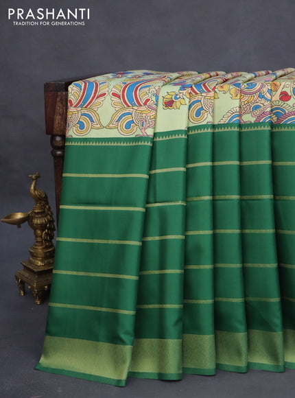 Semi mysore silk saree pista green and green with kalamkari panel prints and long zari woven border