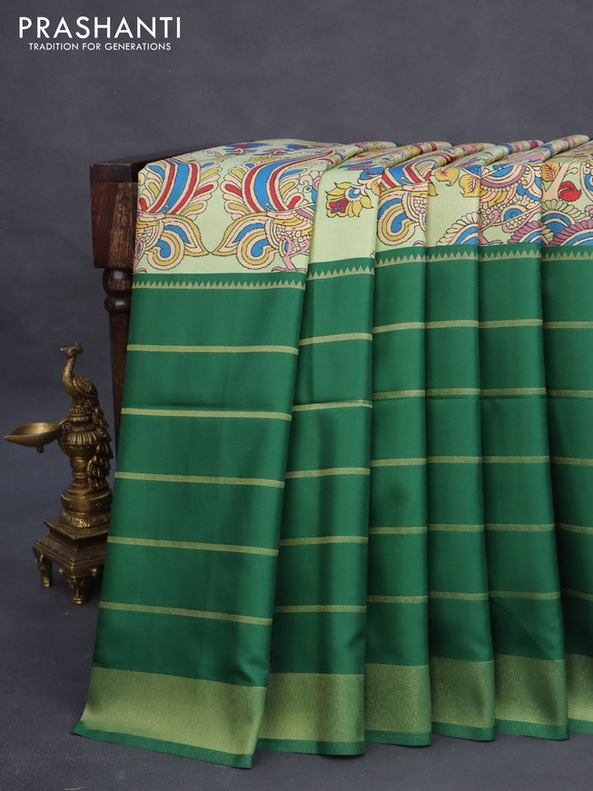 Semi mysore silk saree pista green and green with kalamkari panel prints and long zari woven border