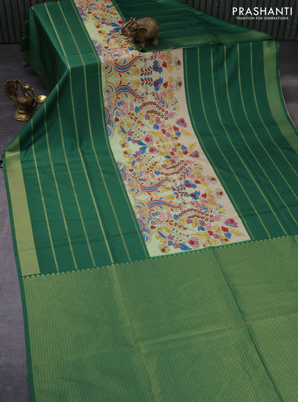 Semi mysore silk saree pista green and green with kalamkari panel prints and long zari woven border