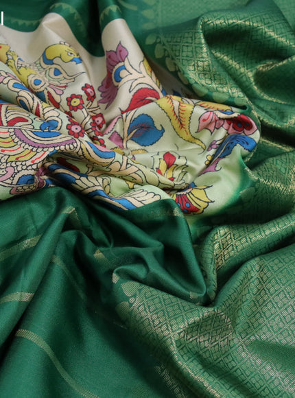 Semi mysore silk saree pista green and green with kalamkari panel prints and long zari woven border