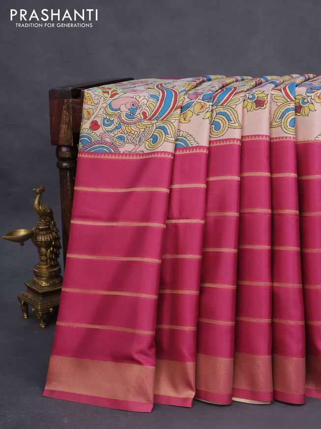 Semi mysore silk saree sandal and magenta pink with kalamkari panel prints and long zari woven border