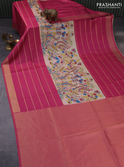 Semi mysore silk saree sandal and magenta pink with kalamkari panel prints and long zari woven border