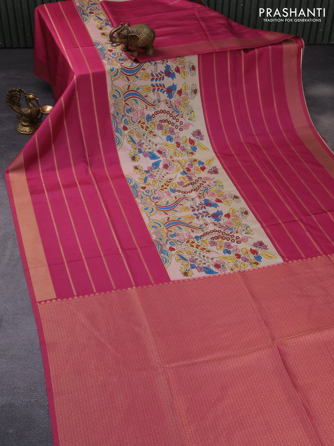 Semi mysore silk saree sandal and magenta pink with kalamkari panel prints and long zari woven border