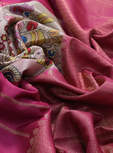 Semi mysore silk saree sandal and magenta pink with kalamkari panel prints and long zari woven border