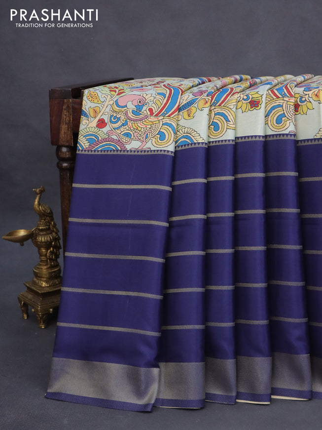 Semi mysore silk saree pastel blue and dark blue with kalamkari panel prints and long zari woven border