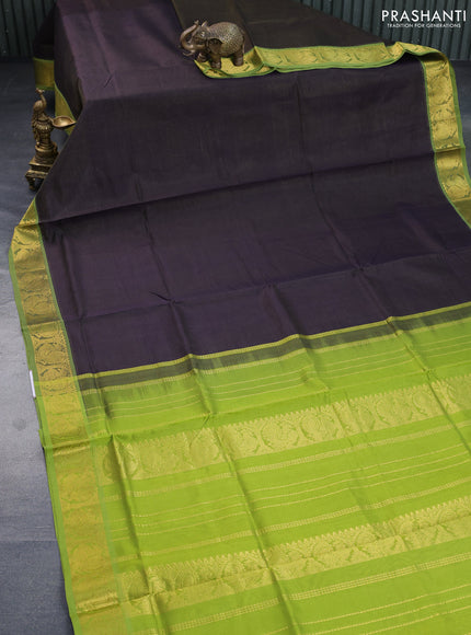 Silk cotton saree deep jamun shade and light green with allover vairosi pattern and annam zari woven border