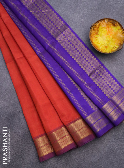 Silk cotton saree rustic orange and blue with allover vairosi pattern and rich zari woven border